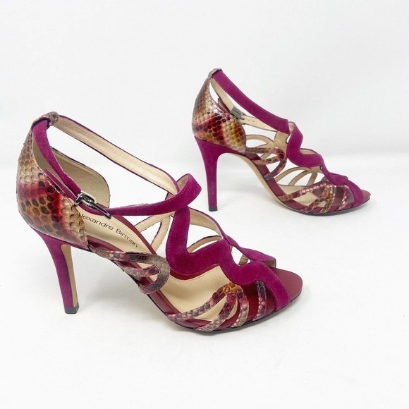 Alexandre Birman Burgundy Faux Suede Snakeskin Reptile Strappy Heels (37) 7 - Picture 1 of 6